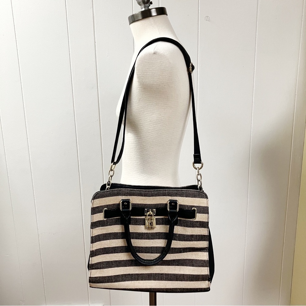 Striped Canvas Faux Leather Satchel Purse Adjustable Strap Double Handles Pocket - Picture 13 of 13